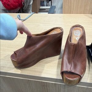 Jeffrey Campbell Brown Leather Peep-Toe Wedge Mules